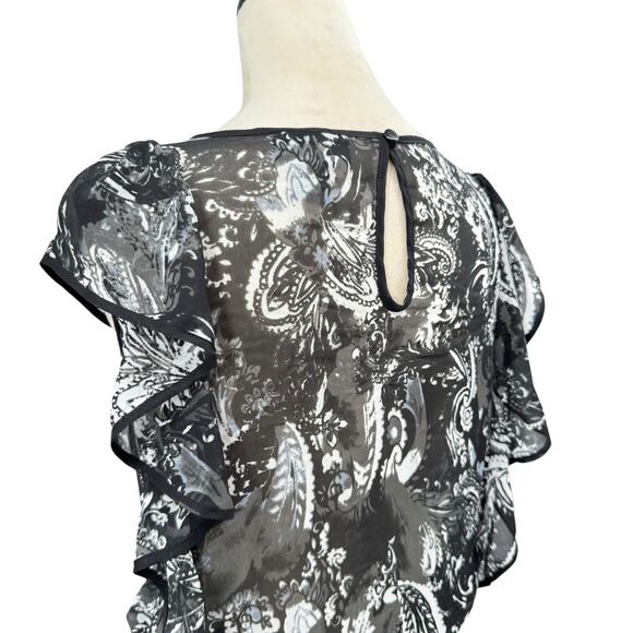 Lane Bryant Black & White Mixed Paisley Print Ruffle Sleeve Sheer Chiffon Blouse - Picture 4 of 11